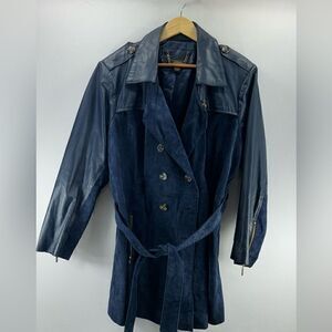 Iman Leather Suede Belted Button Trench Coat- Navy- Size 2X